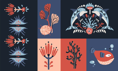 Folk hygge ready to use vector ocean print in Scandinavian style, folkloric isolated design on white. Composition with classic ethnic elements. Scandi folk motifs - sea animals, fishes and flowers