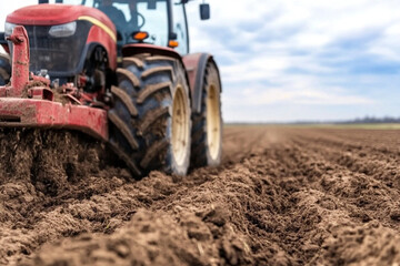 Farmer plowing a field with a tractor in an agricultural landscape under a cloudy sky