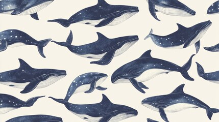 Blue whales swimming underwater create a beautiful seamless pattern, perfect for ocean-themed designs