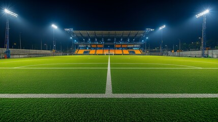 Obraz premium Empty football field under night lights, wide-angle view from the ground. The quiet drama of anticipation before the game.