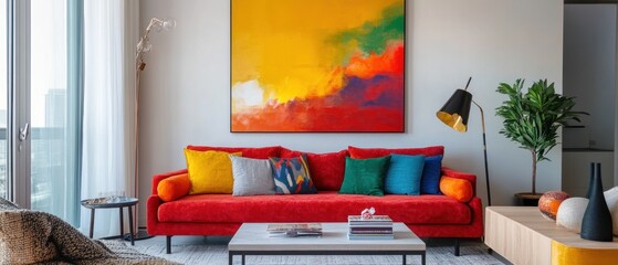 Vibrant Living Room with Colorful Couch and Art