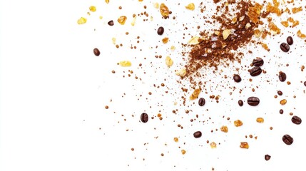 Coffee Beans, Sugar, and Cocoa Powder Scattered on White Background
