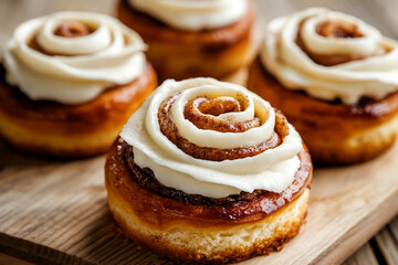 Fototapeta premium Delicious cinnamon rolls topped with creamy icing on a rustic wooden board