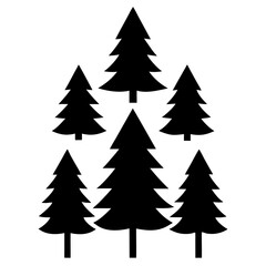 Six Evergreen Trees In Black Silhouette Grouped Together On A White Background Depicting Christmas And Winter Holiday Season