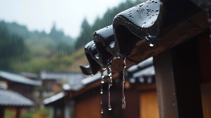 Dark rain gutters drip water from a traditional Japanese roof.