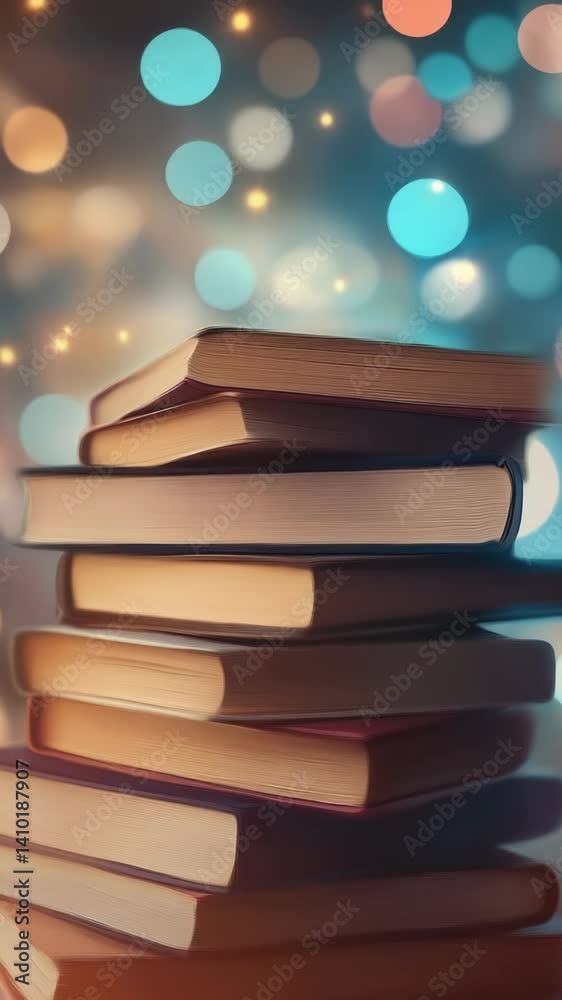 Poster stack of books on wooden table with flat surface.