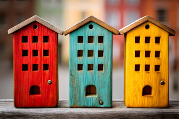 Colorful birdhouses lined up, vibrant red green yellow wooden homes for birds, ideal for outdoor decor or garden theme.