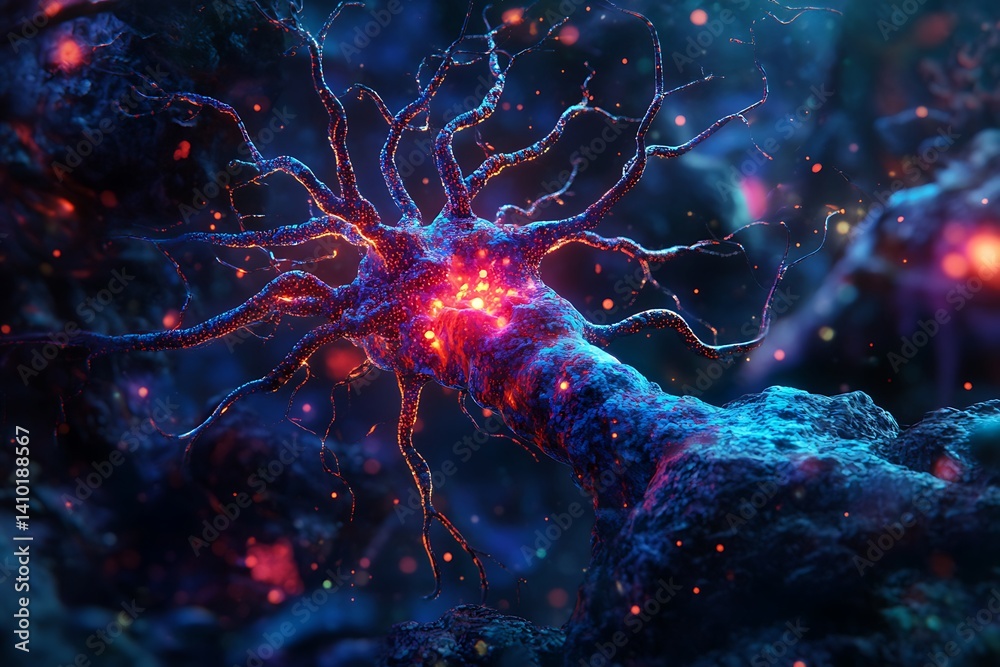 Wall mural a vibrant, glowing depiction of a neuron in a digital landscape, showcasing its intricate branches a