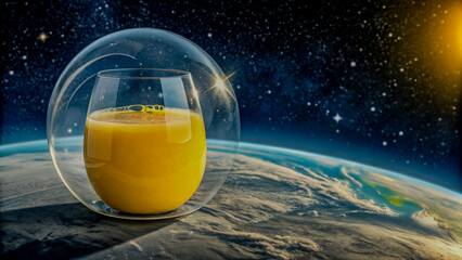 Mango Juice Inside a Transparent Glassy Orb Floating Above a Planet's Surface