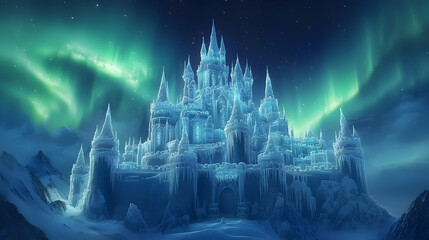 ice kingdom with a majestic frozen castle at its heart, surrounded by enchanted snow creatures 