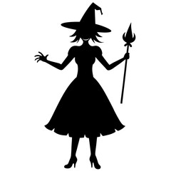Silhouette Of A Wicked Witch With A Hat And Staff On White Background For Halloween Holiday Celebration