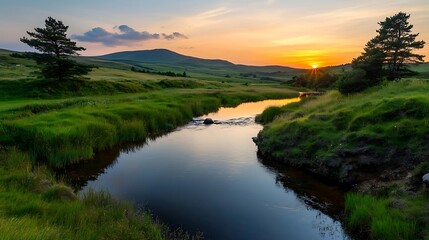 Serene mountain stream at sunset paints a tranquil landscape.