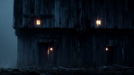 Fototapeta premium Haunted wooden house with warped architecture, glowing cracks between planks as if breathing, windows shaped like hollow eyes, mist crawling from the foundation