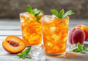 Fototapeta premium Refreshing Peach Iced Tea with Mint Garnish in Glasses on Wooden Table Surrounded by Fresh Peaches and Ice Cubes