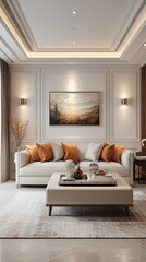 Living room interior with sofa pillows coffee table artwork and lighting fixtures.