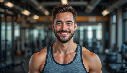 Obraz premium A confident man in sleek gym attire smiles amid modern equipment, radiating energy and vitality while embodying a balanced, healthy lifestyle and overall well-being.