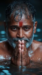 Man in water performs prayer gesture with folded hands at an indoor setting in the evening