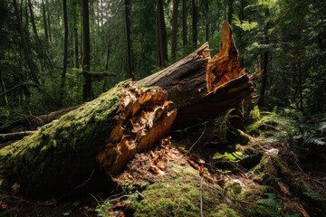 Fototapeta premium Sunbeams Piercing the Moss-Covered Fallen Giant in Primeval Forest.