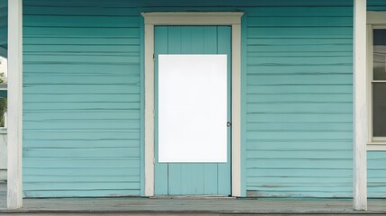 Fototapeta premium Blank Sign on Turquoise Wooden House Door