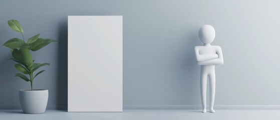 Minimalist indoor scene with white 3D stick figure standing confidently with arms crossed, blank poster board, and potted plant against a soft blue wall Concept of presentation and design