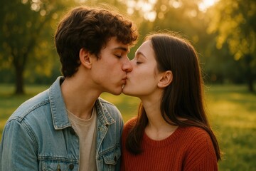 Fototapeta premium Young couple kissing outdoors during golden hour in park