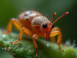 medicinal herbs and berries, traditional medicine Bug with a red head and brown body is on a leaf. The bug is looking at the camera