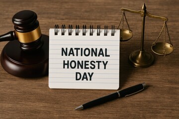 Gavel, scales, and text "National Honesty Day" on notepad