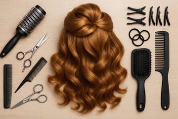 Hairstyling tools and wavy brown hair placed on table