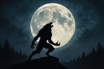 Silhouette of howling werewolf against full moon in forest