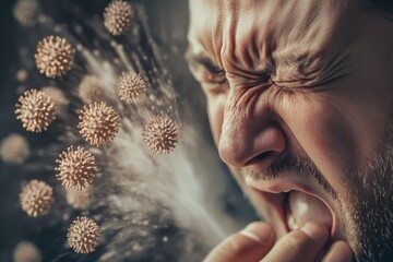 Man experiencing discomfort while sneezing with visible virus particles in a close-up setting
