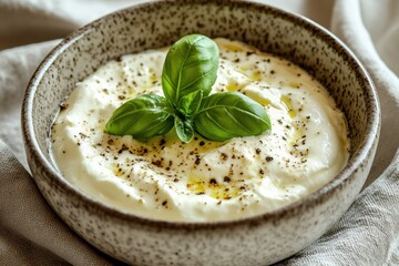 Creamy yogurt topped with fresh basil and drizzled with olive oil in a rustic bowl