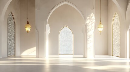 Naklejka premium Serene White Mosque Interior With Ornate Lanterns
