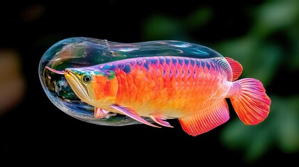 Obraz premium Celestial Arowana Embarking on a Vibrant Voyage Through a Bubble in a Stunning Underwater Scene with Colorful Beauty