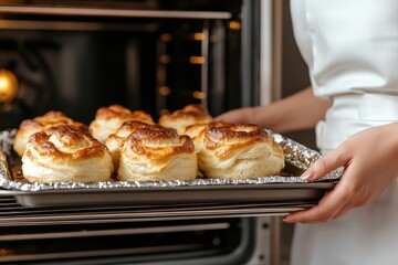 Freshly baked pastries being pulled from the oven on a baking tray by a person in a kitchen setting