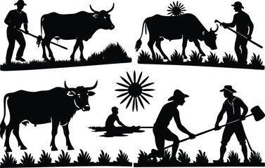 Fototapeta premium A farmer silhouette plowing a field with an ox under a rising sun — sweat dripping, head bowed, but determination in posture.