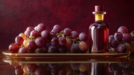 Rich red grapes and a bottle of their exquisite essence, bathed in warm, deep lighting against a dark backdrop.
