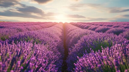 Naklejka premium Stunning purple lavender field in provence at sunrise, creating a picturesque landscape with a mountain range in the background 