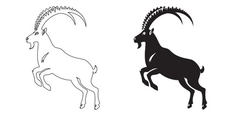Unique ibex vector shape – sleek and sharp silhouette for alpine wildlife art – ibex silhouette – ibex vector – ibex illustration – ibex outline – ibex icon – ibex line art

