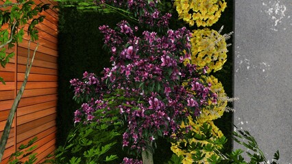 3d image of the landscape design of the home territory. Landscaping of the territory. Computer visualization of composite landscaping and landscaping solutions.	
