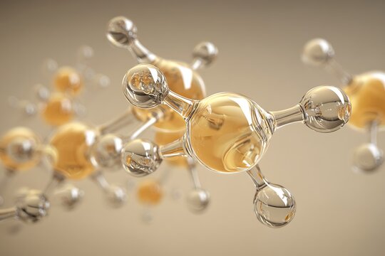 Abstract glass molecular structure on a beige background, symbolizing science, beauty, or technological concepts.
