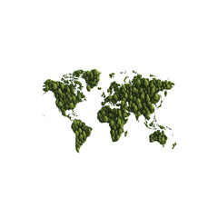A green map of the world shaped by dense clusters of trees, symbolizing forests and environmental awareness.