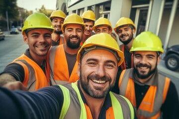 smiling group of construction workers taking a selfie