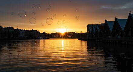 Fototapeta premium Bubbles Floating Over City at Sunset - Serene sunset cityscape reflected on calm water, with floating bubbles symbolizing dreams, freedom, ephemerality, wonder, and peace