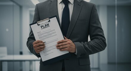 Businessman Holding Strategic Plan Document - A businessman in a gray suit confidently holds a clipboard with a plan document, showcasing preparedness and strategic thinking