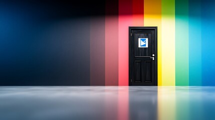 A colorful wall with a black door featuring a logo, reflecting a modern, artistic space