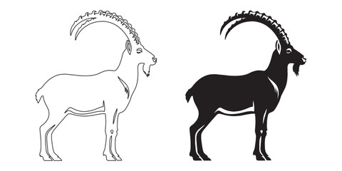 Elegant ibex silhouette vector – high-quality wild goat illustration for nature and mountain themes – ibex silhouette – ibex vector – ibex illustration – ibex outline – ibex icon – ibex line art


