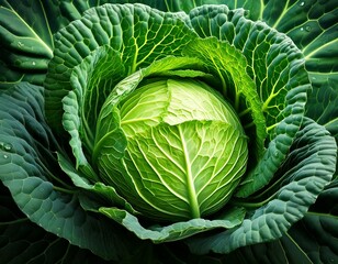 Obraz premium A round green cabbage with tightly packed, crinkled leaves and a fresh stem. AI Generative 