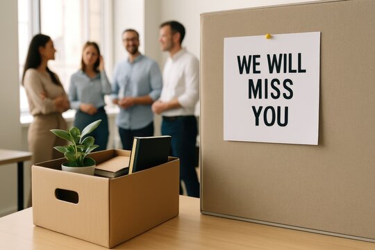 Office farewell gathering with coworkers, sign says "We Will Miss You"