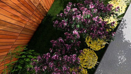 3d image of the landscape design of the home territory. Landscaping of the territory. Computer visualization of composite landscaping and landscaping solutions.	
