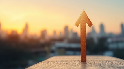 Abstract arrow symbolizing upward movement blurred city skyline in background energetic mood golden hour light wide-angle view